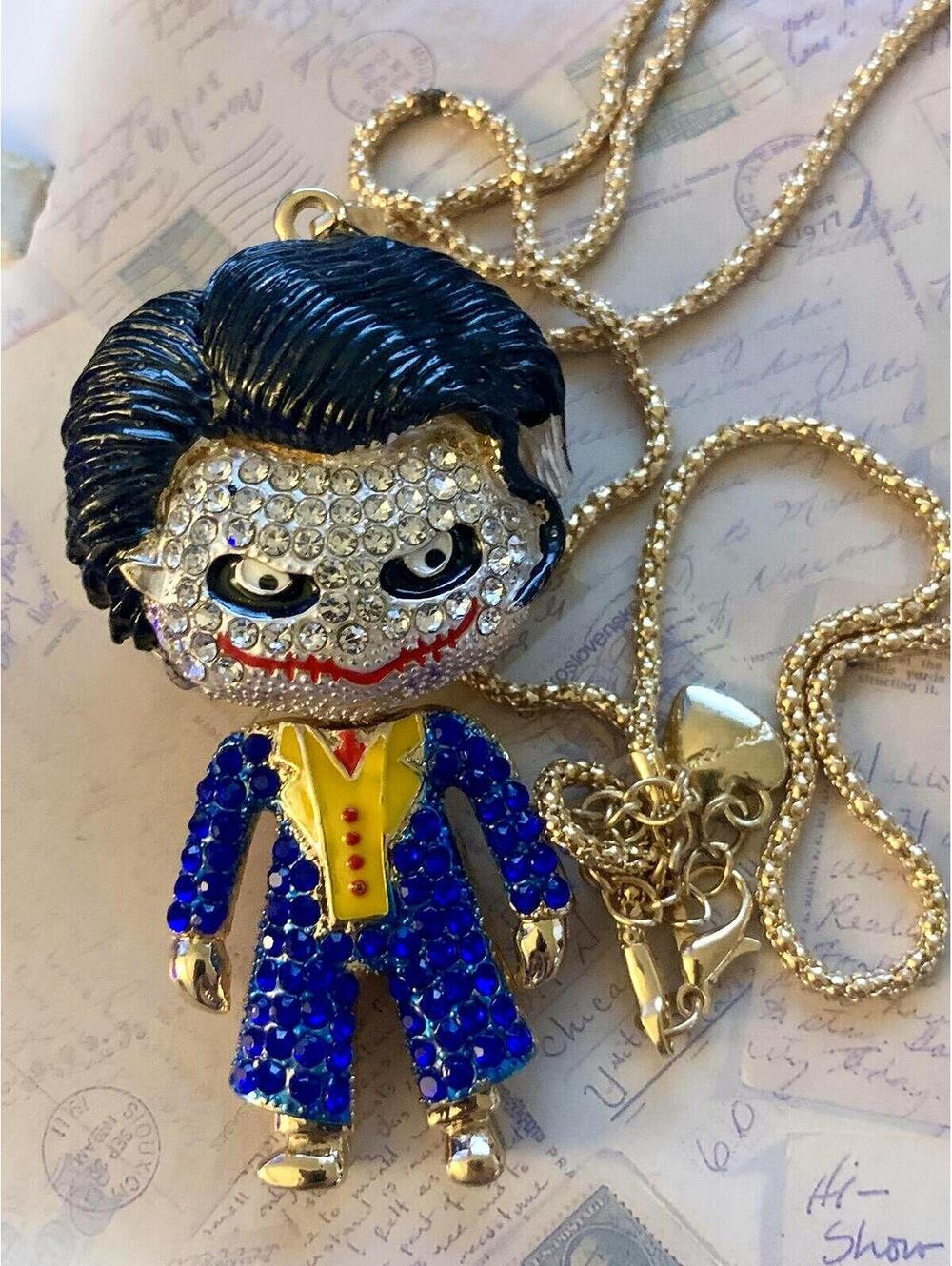 Betsey Johnson 3D Pave Crystal Joker Villain Popcorn Chain Necklace